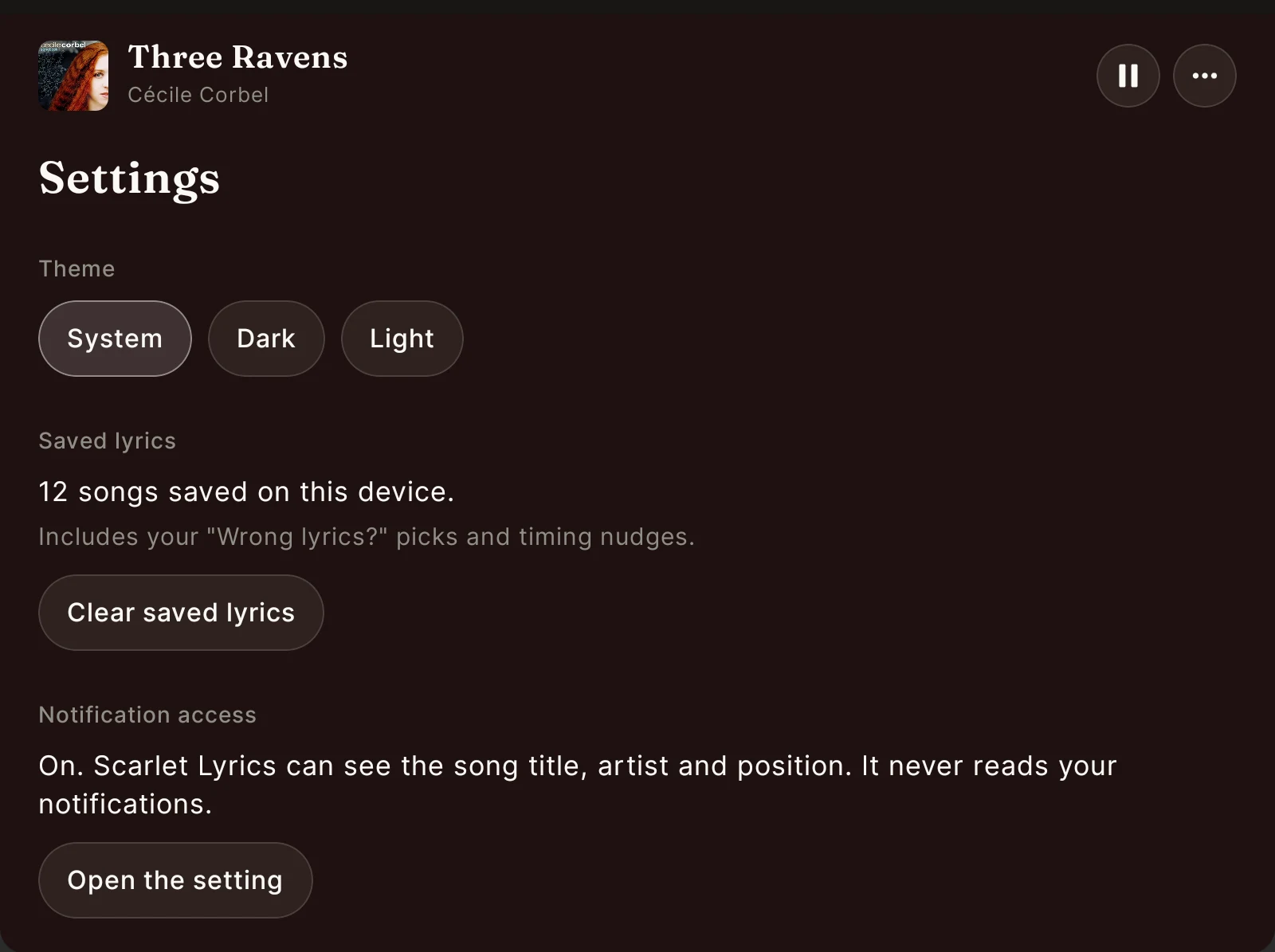 Scarlet Lyrics settings screen