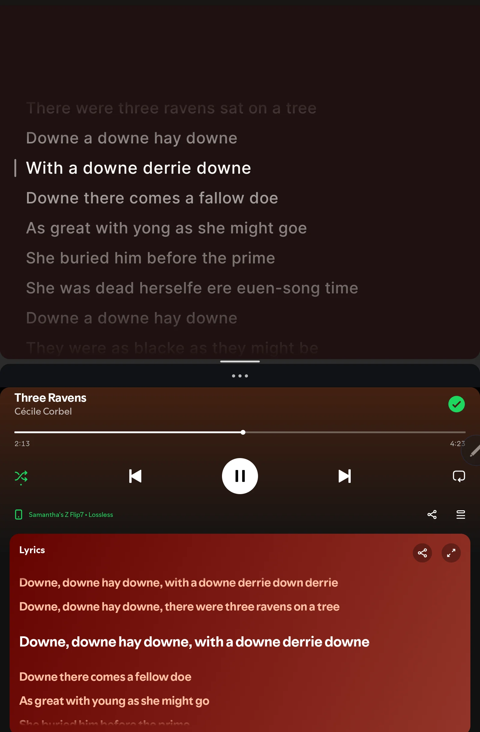 Scarlet Lyrics in split screen next to Spotify, both showing The Three Ravens