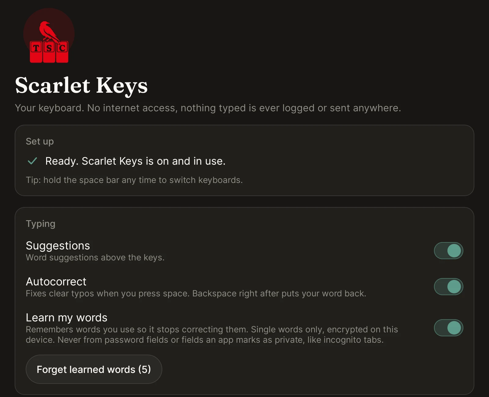 Scarlet Keys settings screen